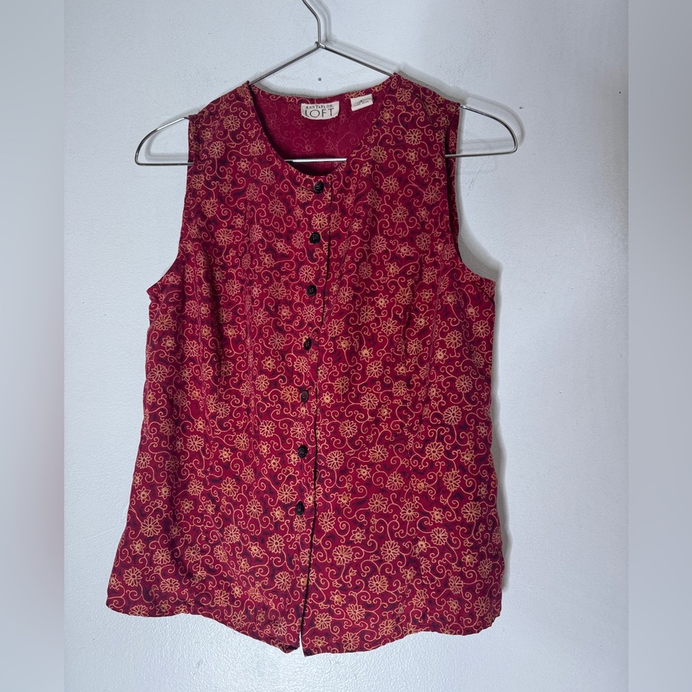 vintage ann taylor loft Red‎ Floral Sleeveless Silk Button Down Shirt Small
